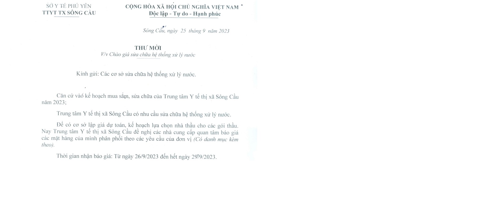 Thư mời chào giá sửa chữa hệ thống xử lý nước